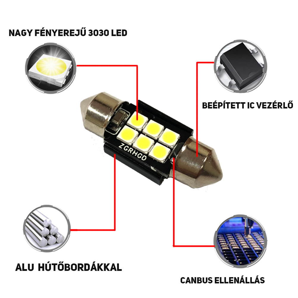 C5W led 36mm Canbus hűtőbordás 2db 12 szofita led izzo 4