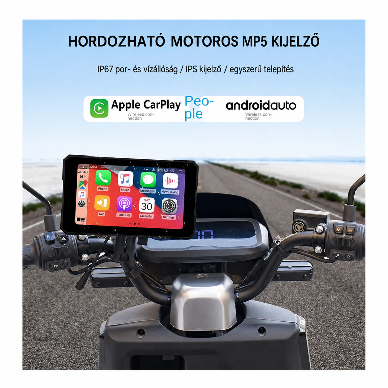 Motoros CarPlay kijelző 5" – Vezeték nélküli Apple CarPlay és Android Auto, 2 kamerával 1 Motoros CarPlay kijelző 5" – Vezeték nélküli Apple CarPlay és Android Auto, 2 kamerával